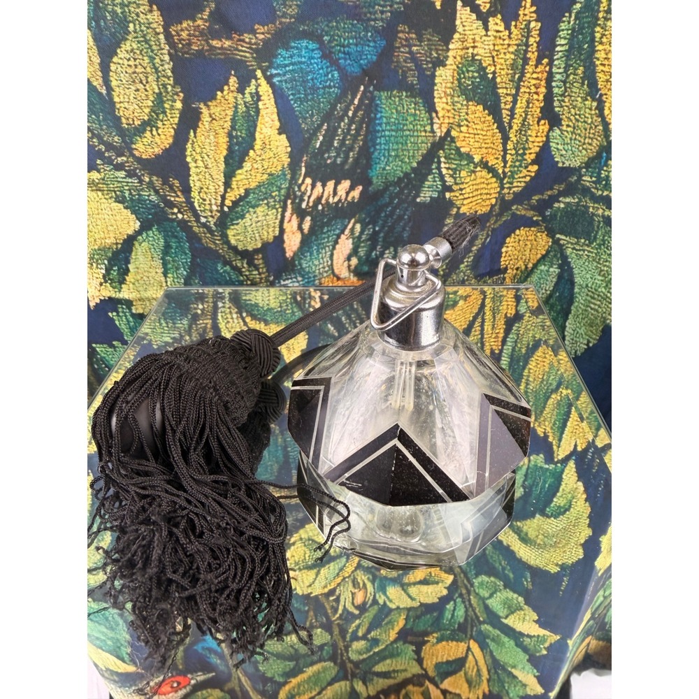 Vintage Art Deco Glass Perfume Bottle Atomizer Black Tassel Geometric Design
